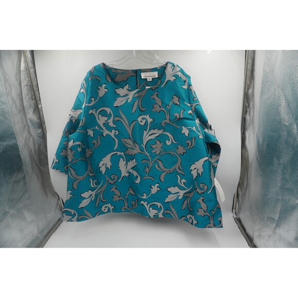 Caroline Rose NWT Turquoise Blue & Silver Damask Floral Blouse Plus Size 3X - Picture 7 of 13